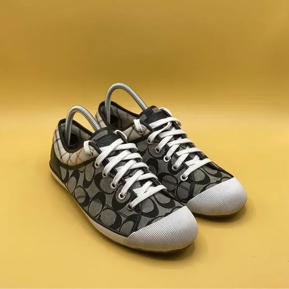 Coach Tan and Black Sneakers with Geometric Pattern and White Toe Cap - Picture 4 of 4